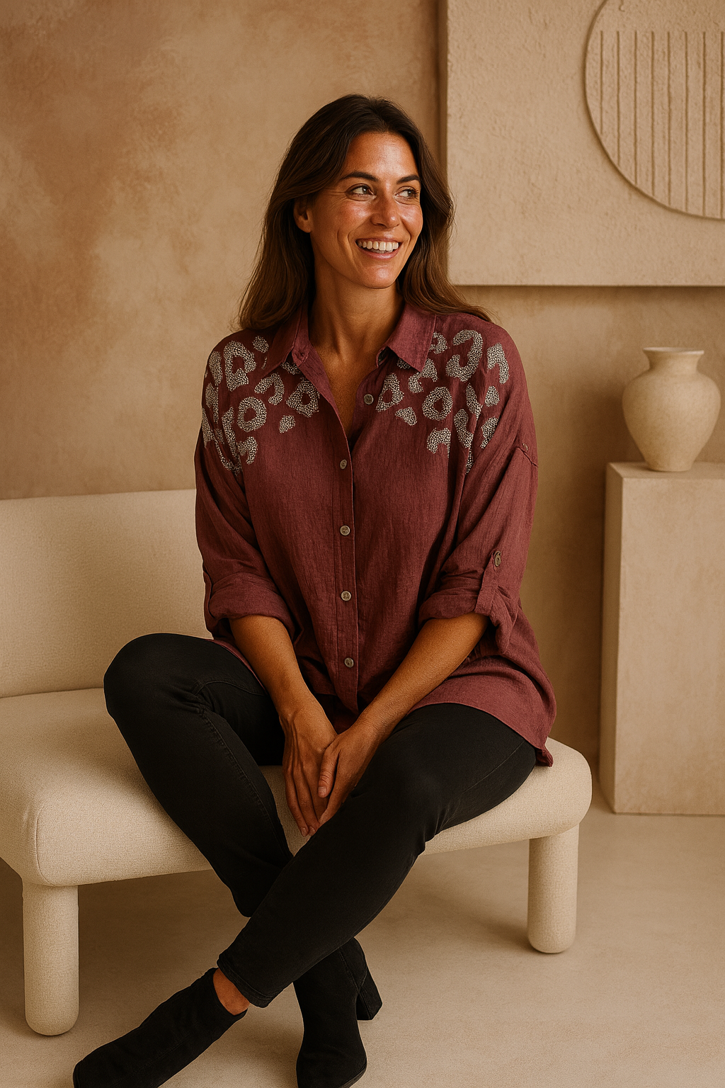 Premium Stitch Diamanté Leopard Celeste Button Sleeve Shirt - Wine