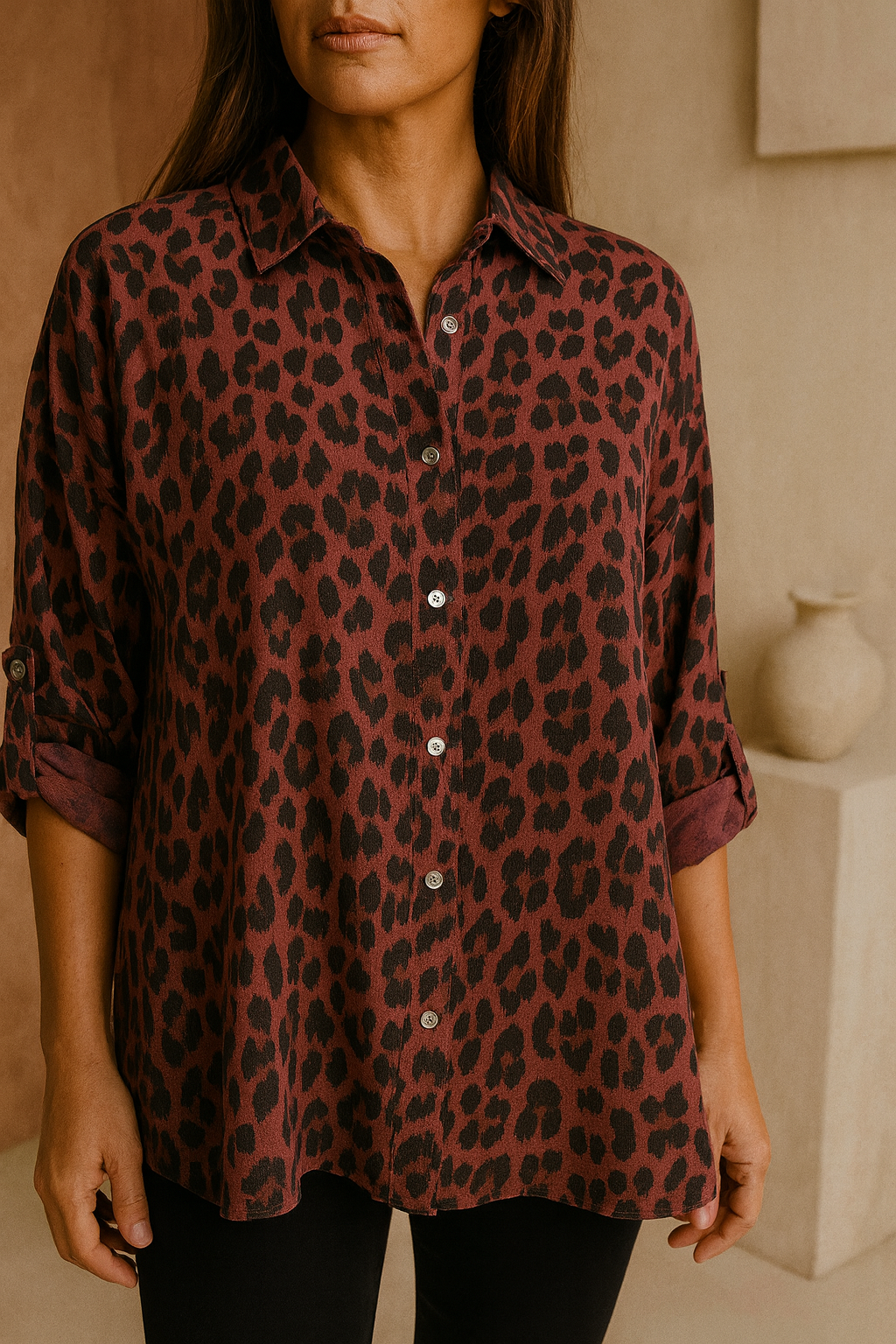 Premium Stitch Button Sleeve Lexi Leopard Print Shirt - Blackberry