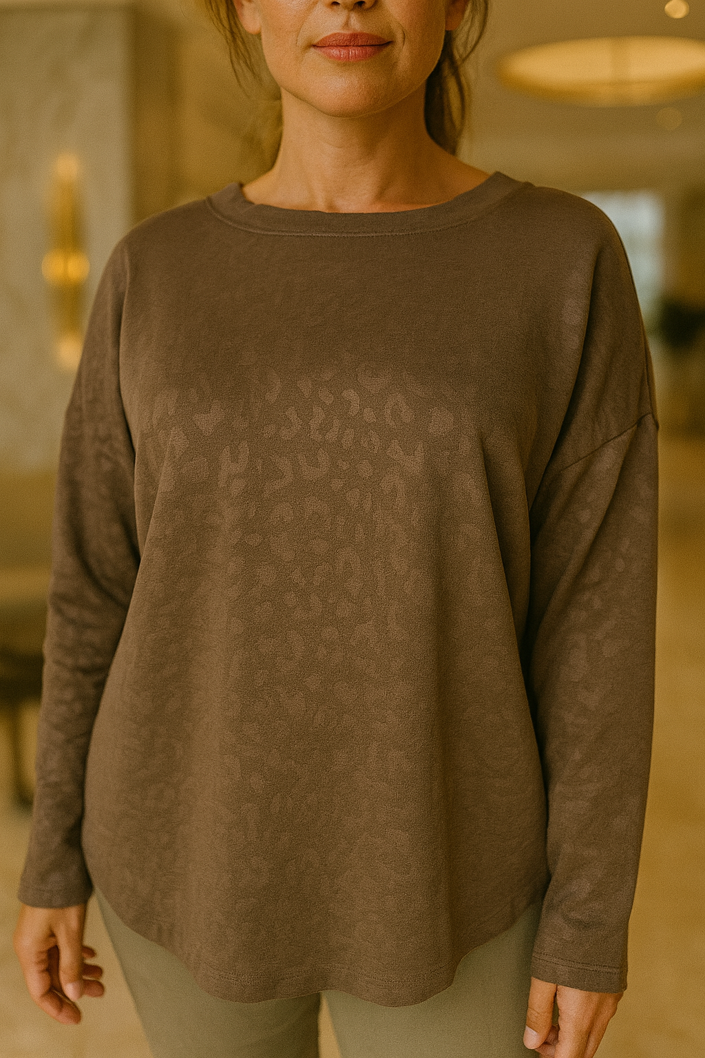 Premium Stitch Embossed Leopard Print Raw Edge Hem Camellia Sweatshirt - Mocha