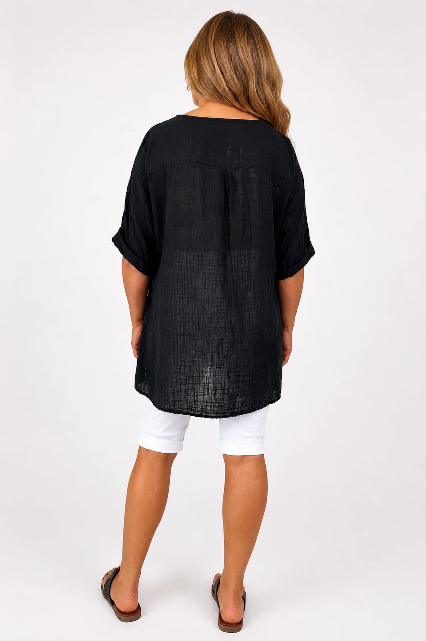 Linen Look Pure Cotton Button Detail Pocket Venice Top - Black