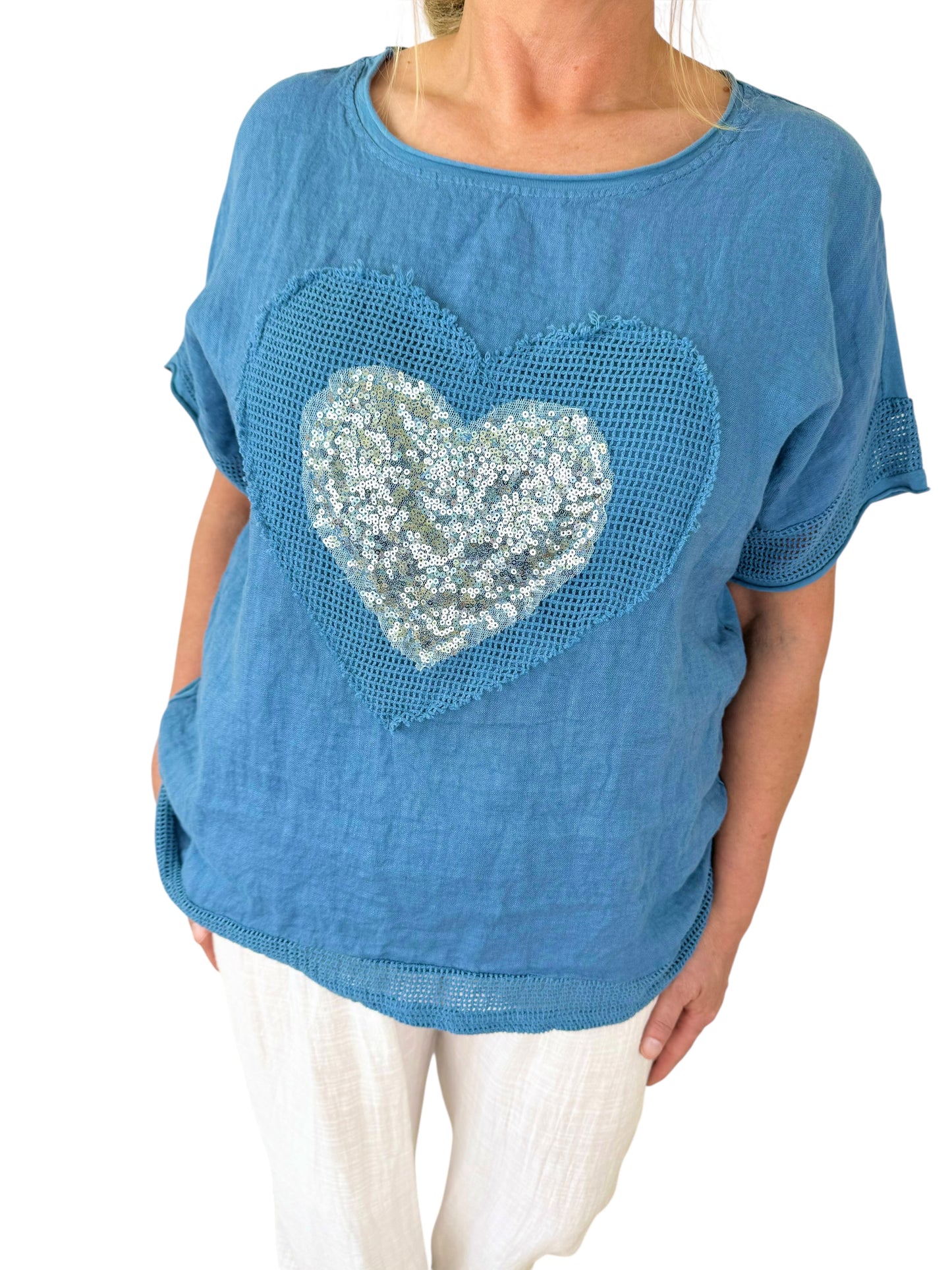 Linen Cotton Mix Sequin Heart Crochet Detail Daphne Top - Denim