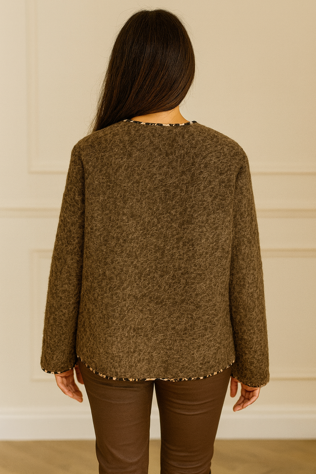 Double Pocket Leopard Trim Alexa Button Jacket - Chocolate