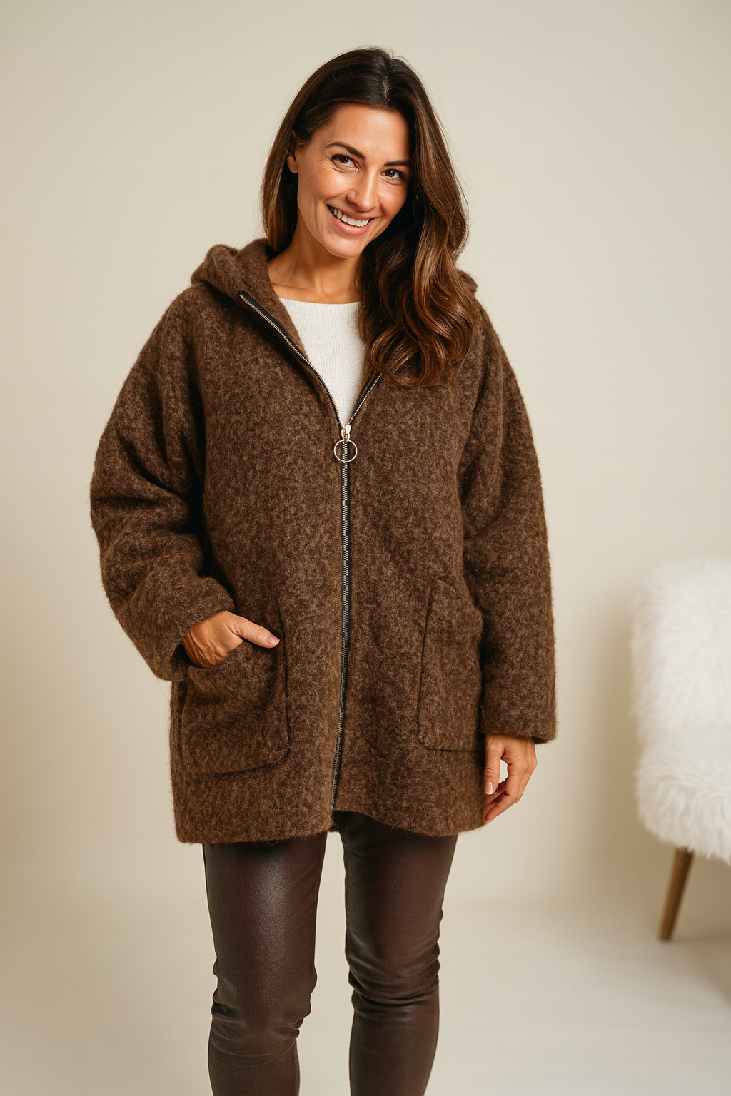 Double Pocket Zipped Monica Hooded Jacket - Chocolate