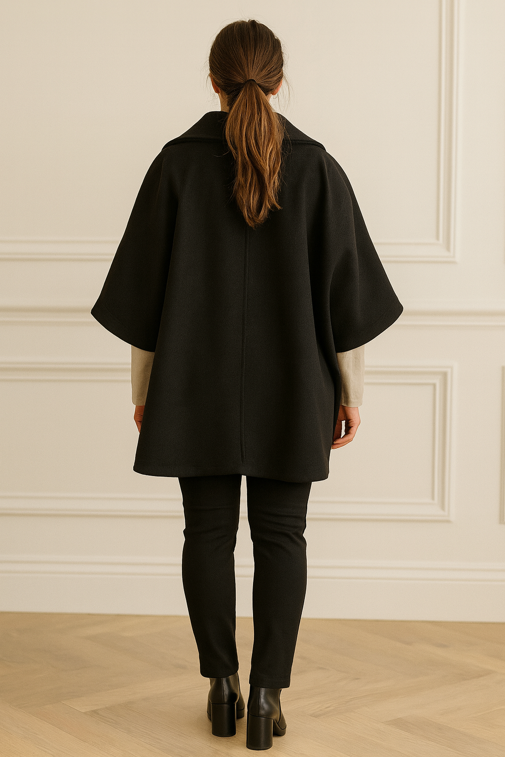 Double Pocket Button Detail Florence Cape Jacket - Black
