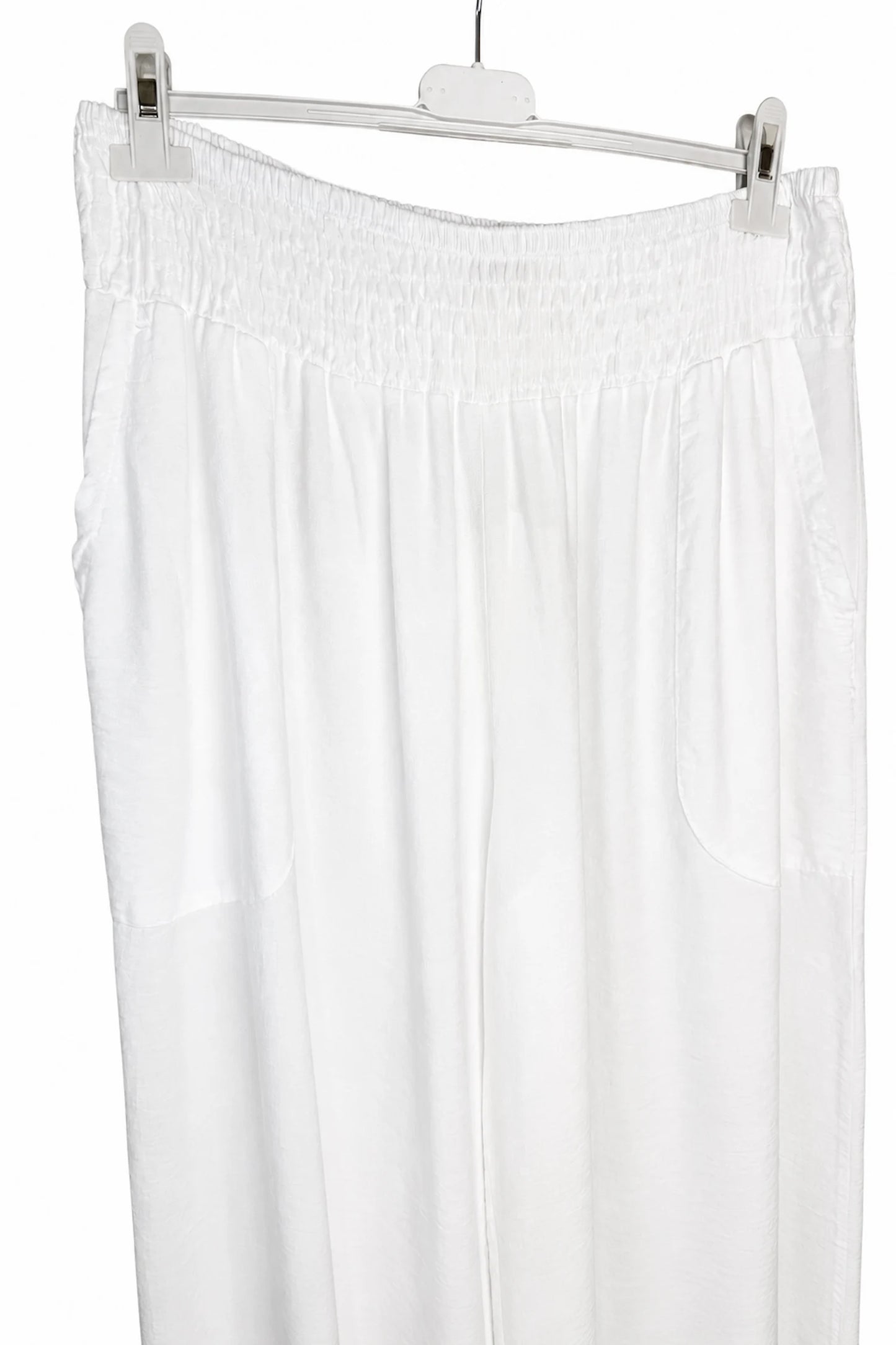 Elasticated Smocked Waist Patch Pocket Milan Wide Leg Pants - White