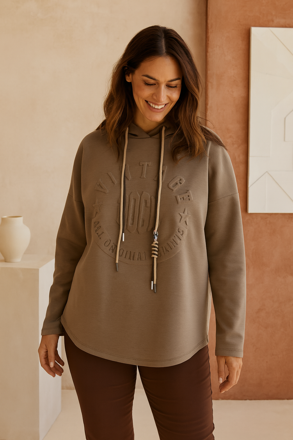 Vintage Embossed Double Drawstring Lightweight Hoodie - Mocha