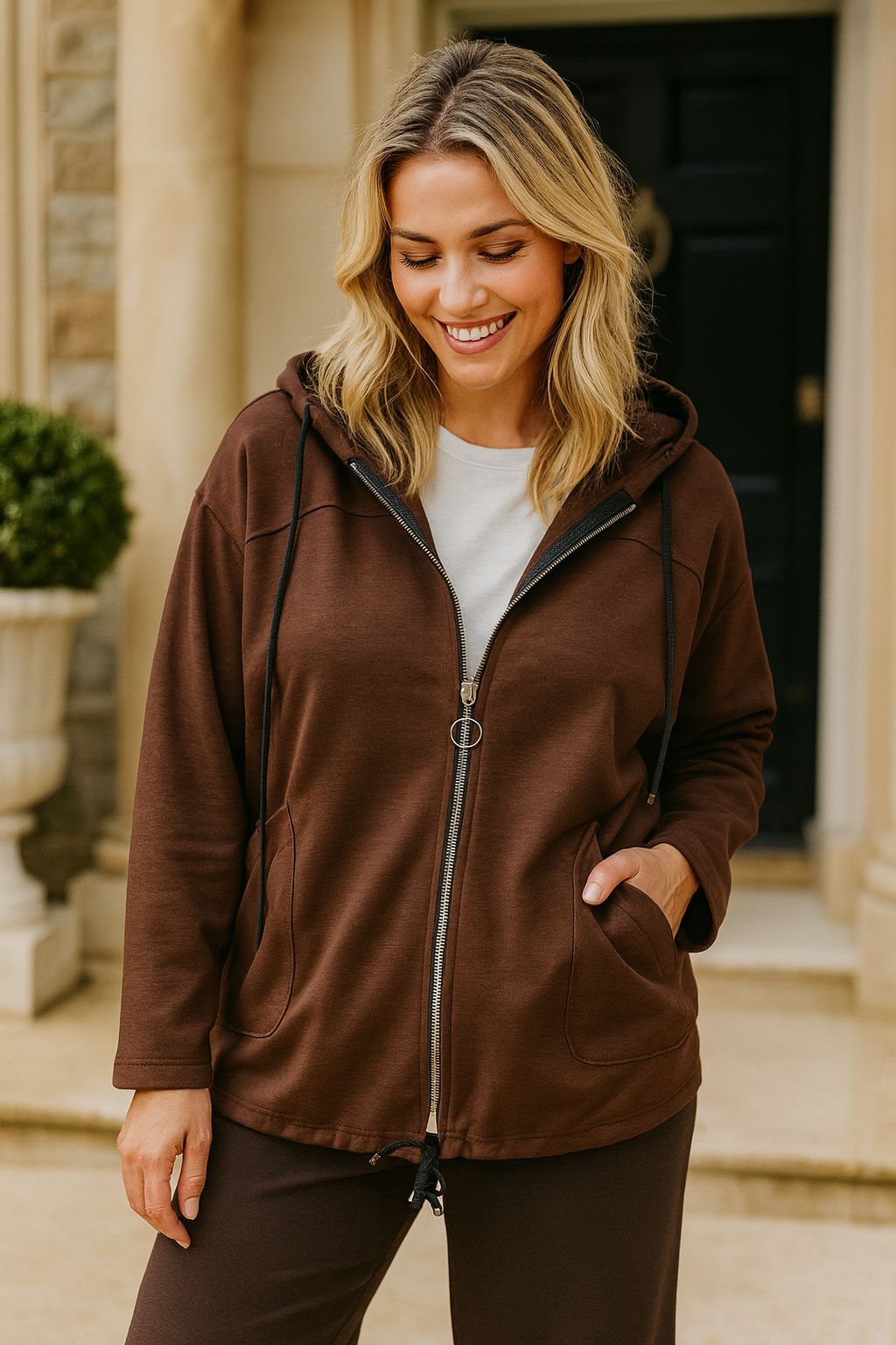Double Pocket Tie Bottom Detail Zipped Hooded Madeleine Jacket - Chocolate