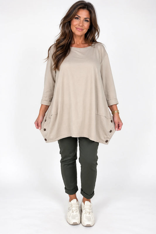 Cotton Button Side Maya Top - Beige