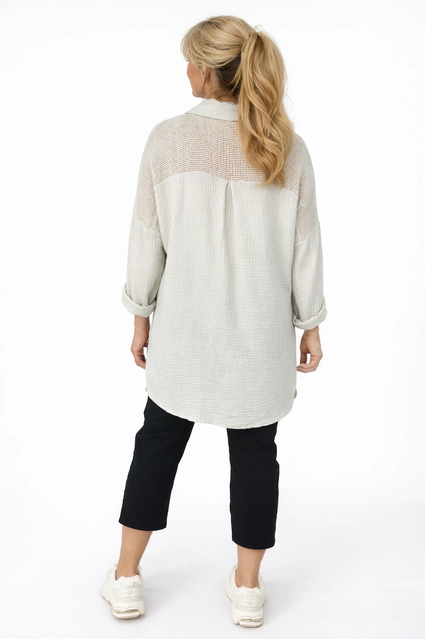 Pure Bubble Cotton Mesh Sleeve/Back Detail Celeste Button Shirt - Beige