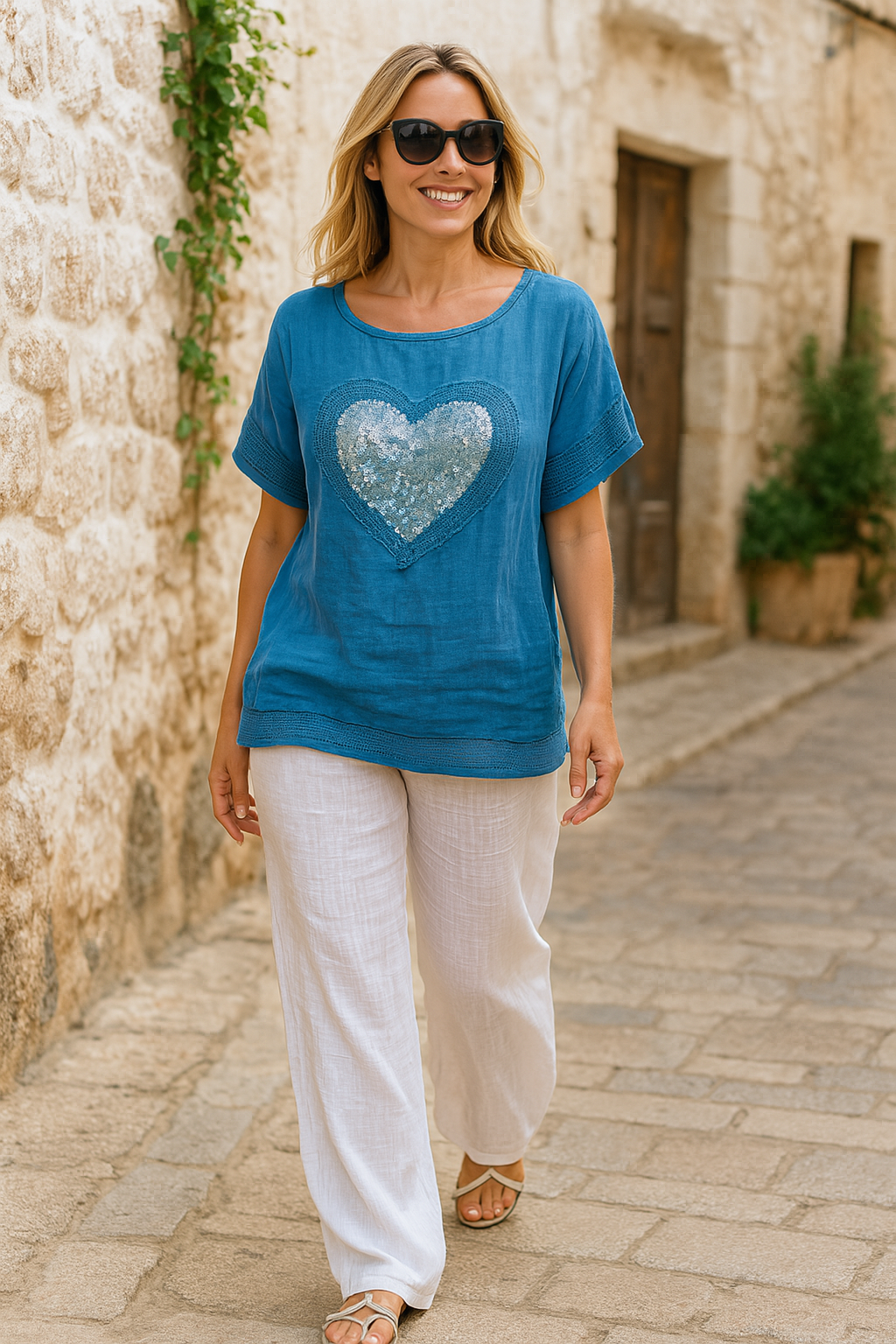 Linen Cotton Mix Sequin Heart Crochet Detail Daphne Top - Denim