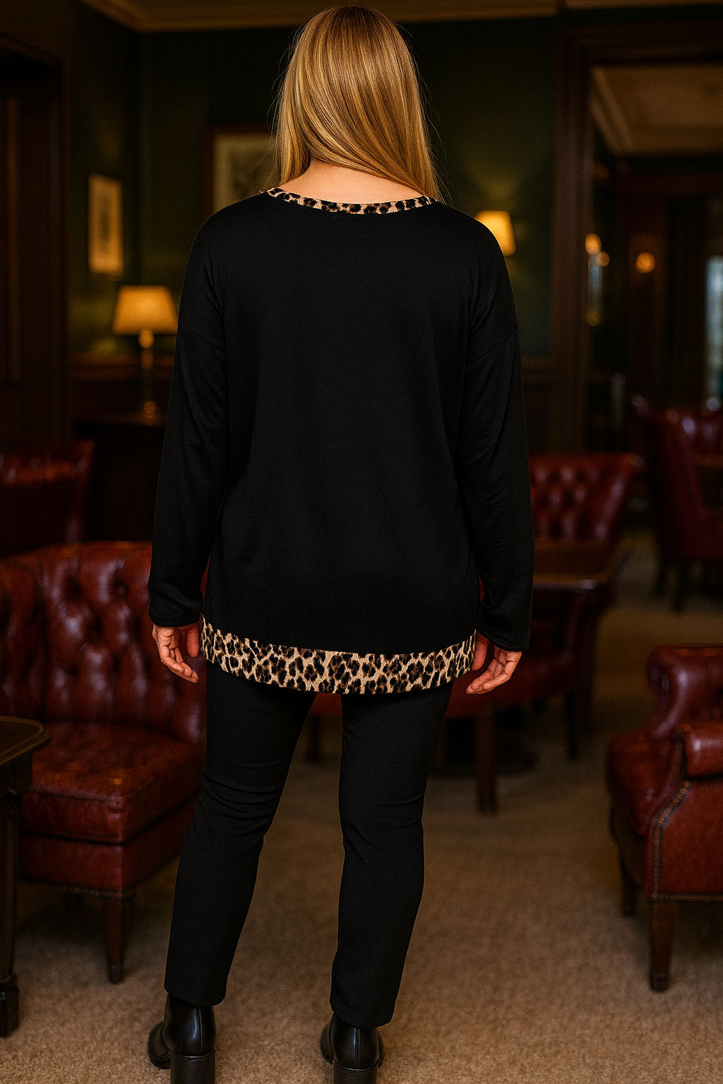 Soft Knit Leopard Trim Keri Necklace Top - Black