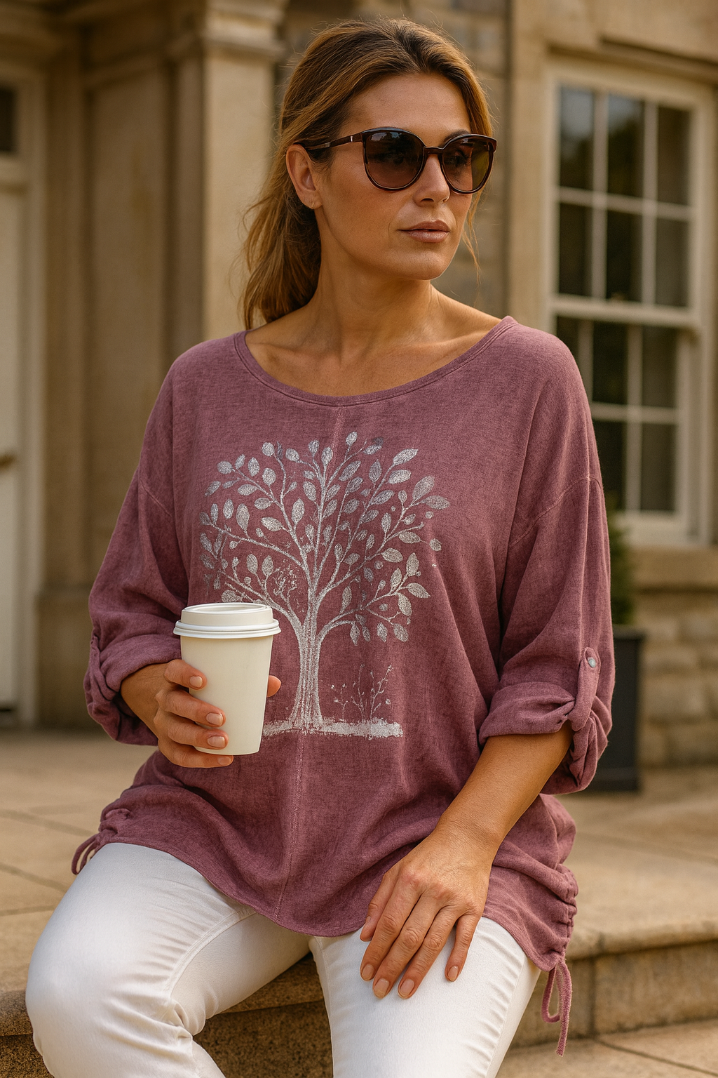 Linen Mix Diamanté Tree Rugged Side Detail Button Sleeve Valentina Top - Raspberry Ripple