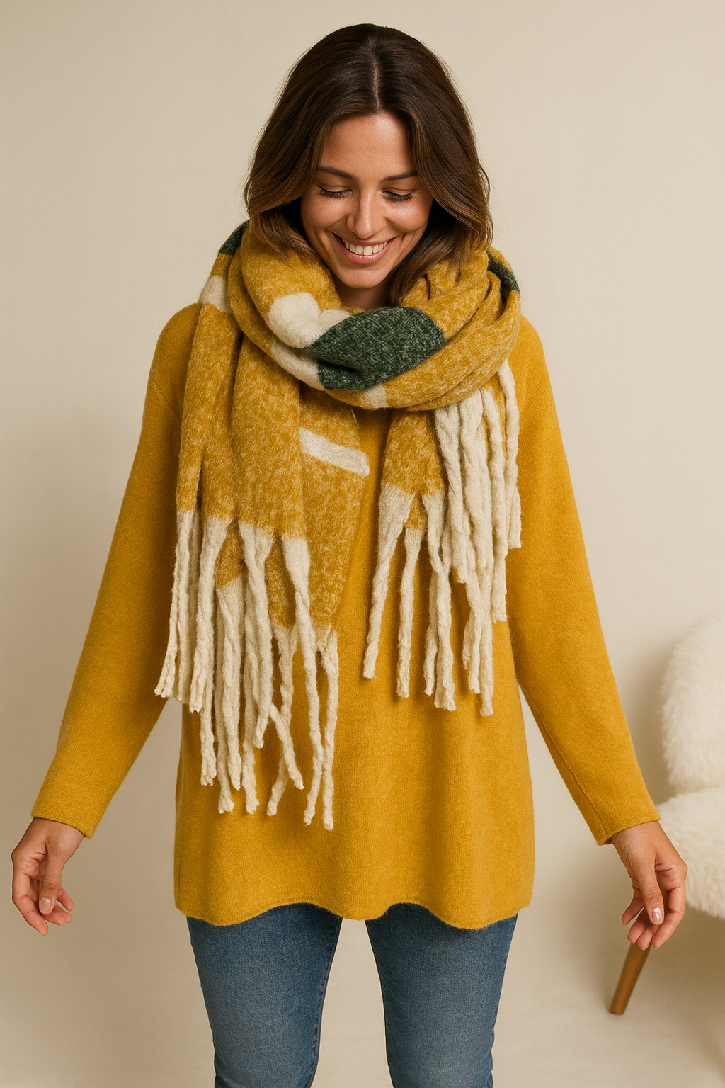 Soft Knit Jade Scarf - Mustard/Green/Beige
