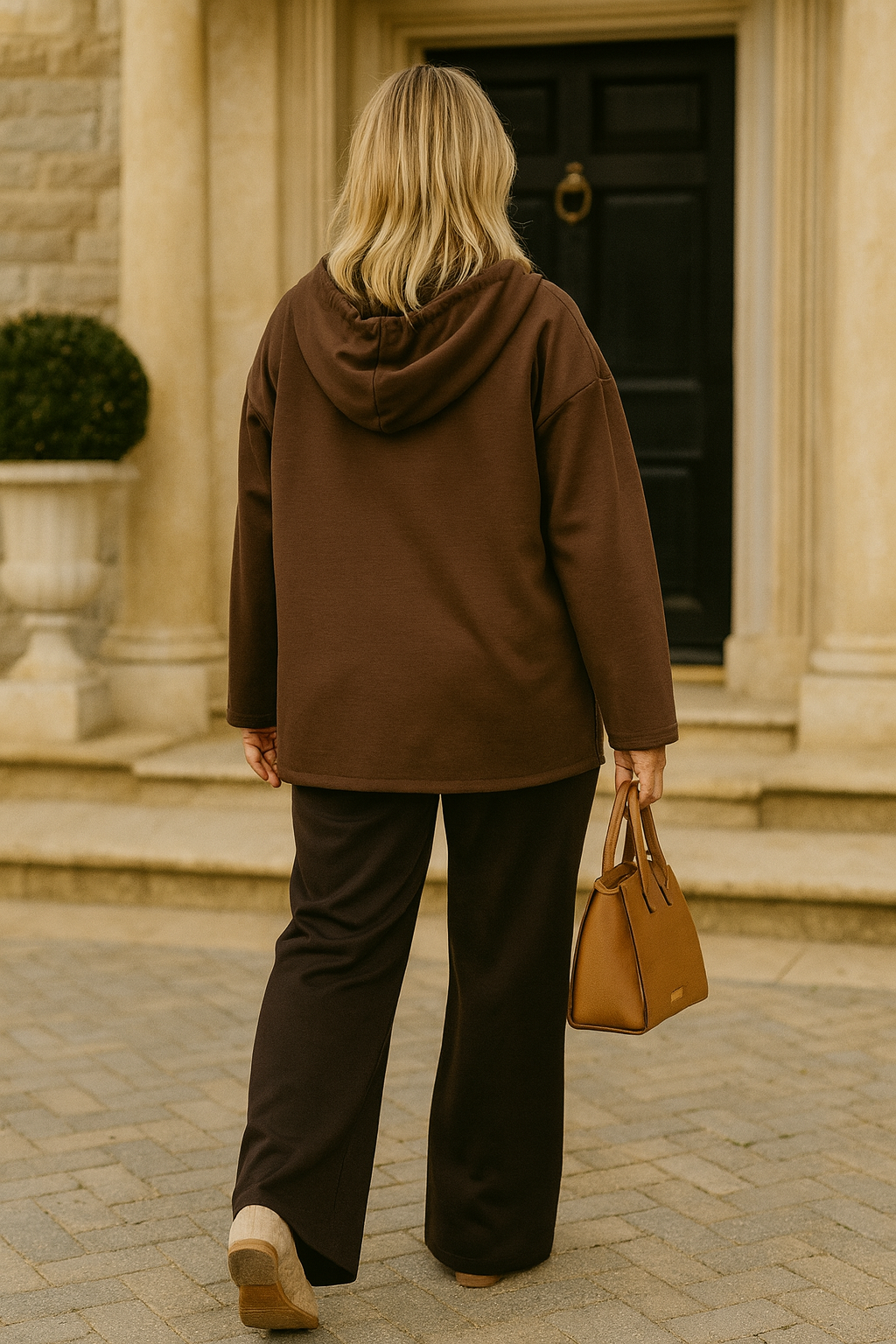 Double Pocket Tie Bottom Detail Zipped Hooded Madeleine Jacket - Chocolate