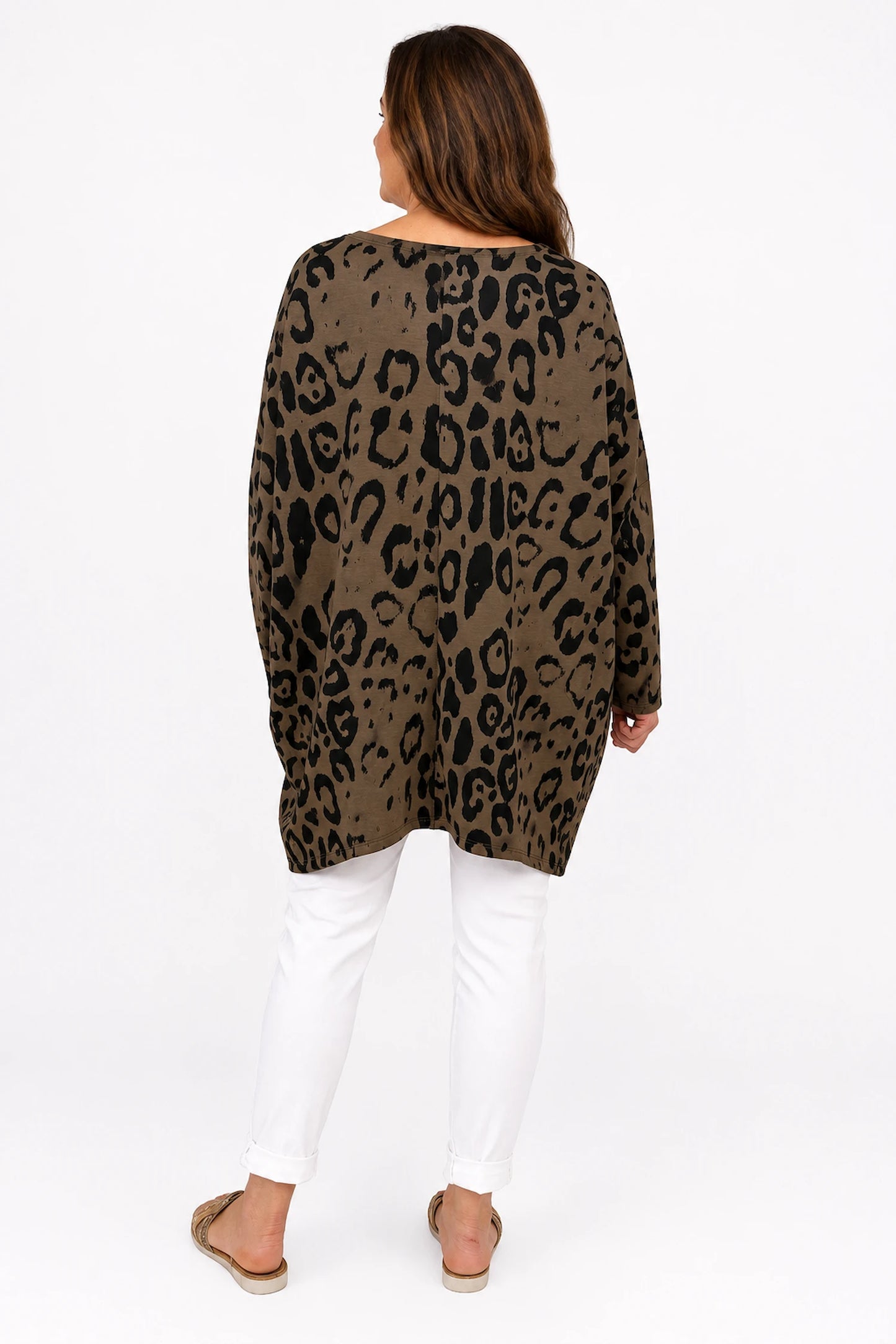 Zip Detail Scuba Leopard Zizzi Tunic Top - Mocha