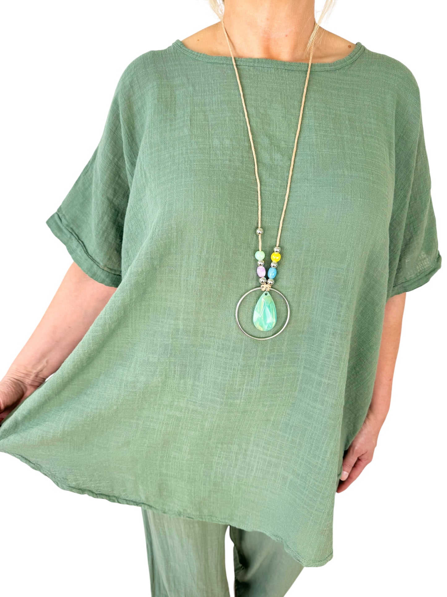 Pure Cotton Crochet Back Detail Palmavira Necklace Top - Khaki