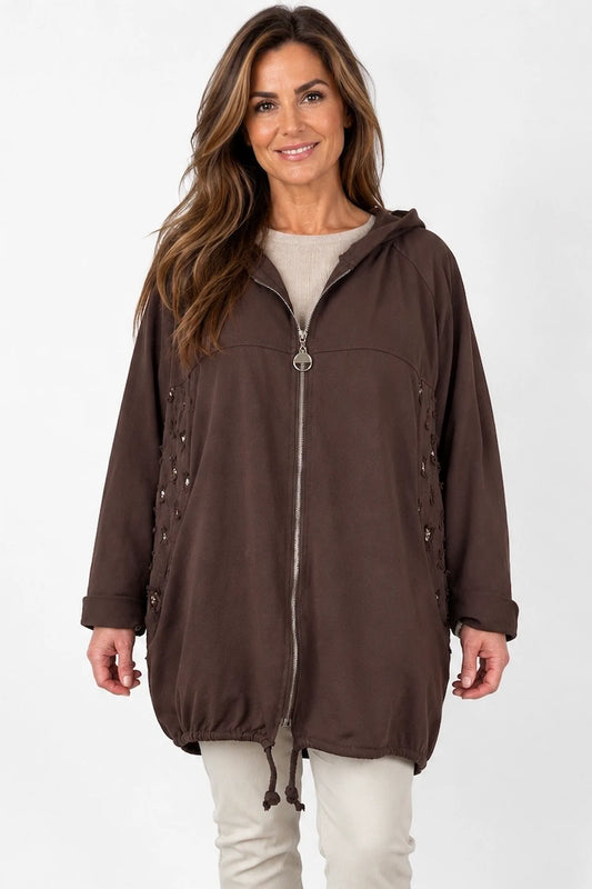 Cotton Gold Stitch Detail Zipped Florenzi Hooded Jacket - Chocolate