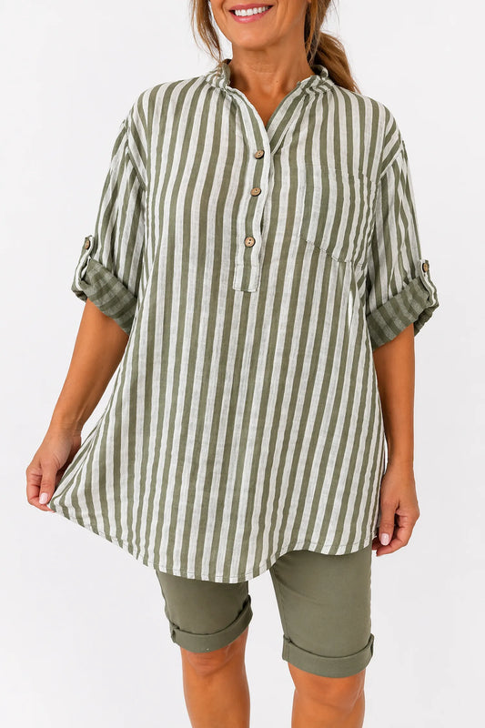 Linen Look Pure Cotton Pocket Detail Cruze Button Sleeve Stripe Shirt - Khaki