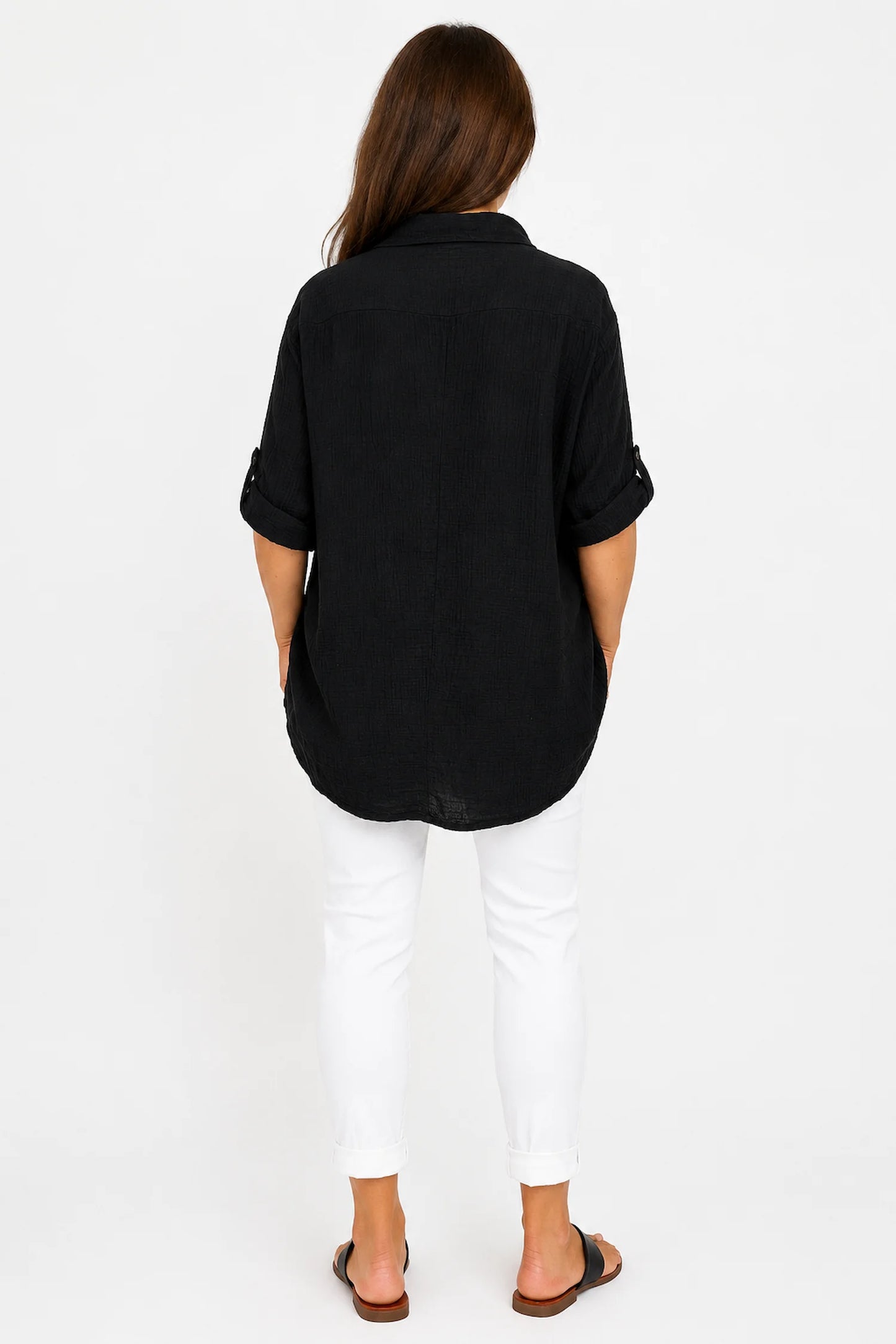 Pure Bubble Cotton Embroidery Anglaise Daphne Button Sleeve Shirt - Black