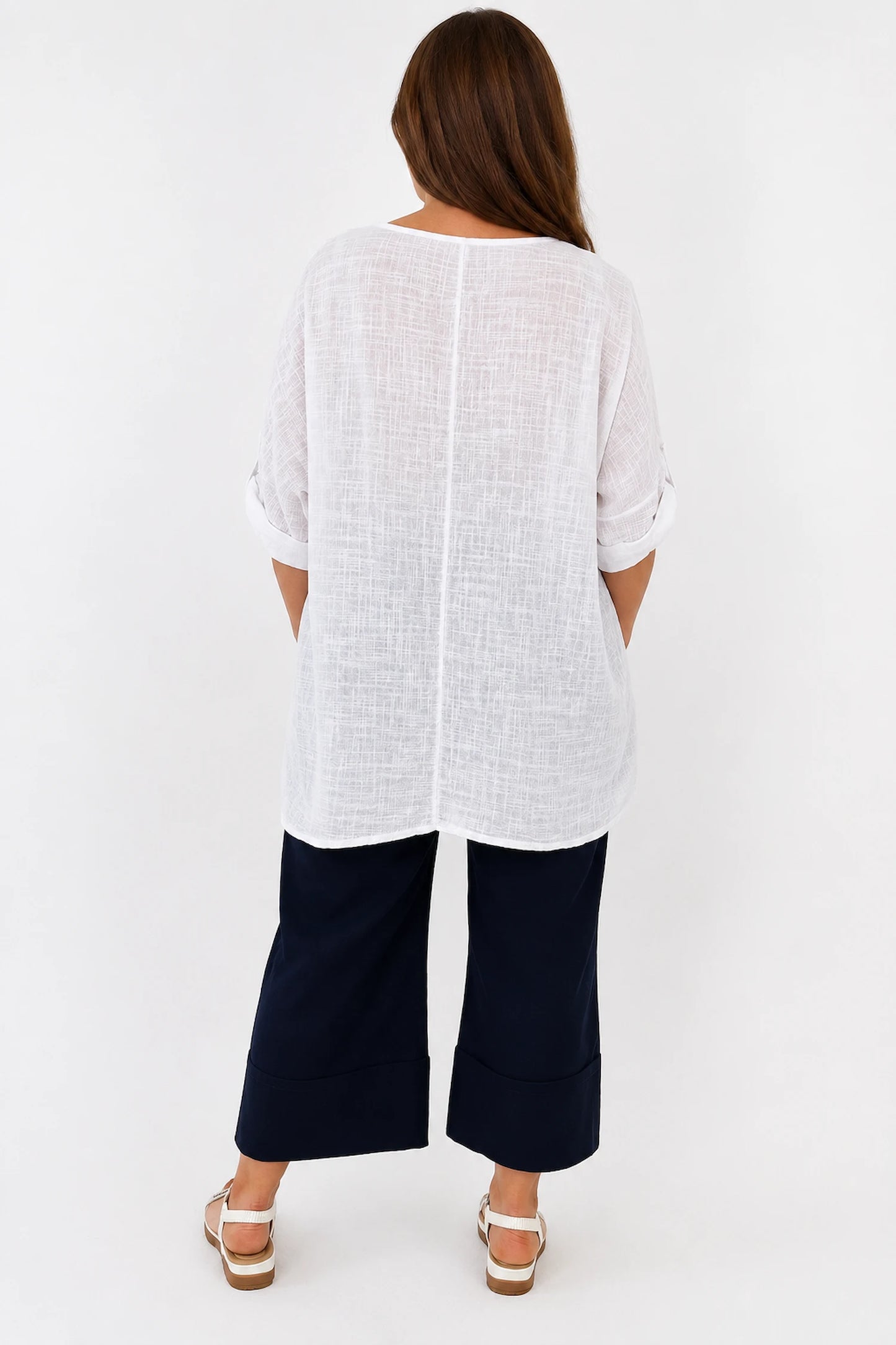 Pure Cotton Button Sleeve Crochet Detail Dalia Top - White