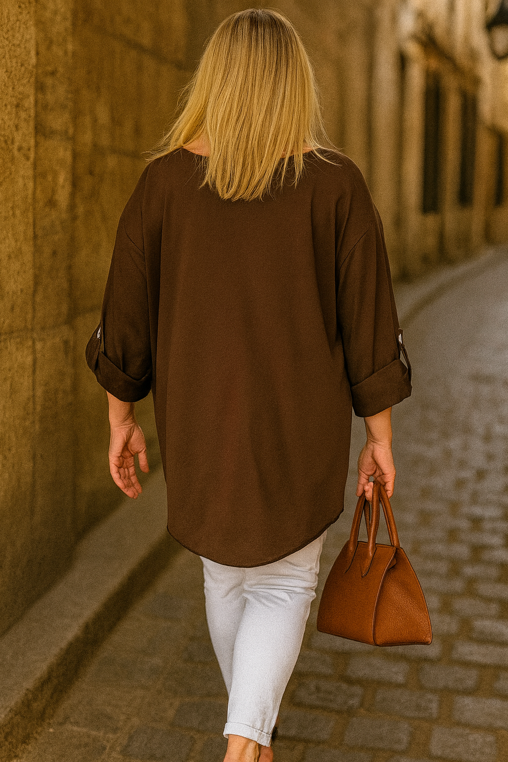 Pure Cotton Pocket Detail Button Sleeve Sari Top - Chocolate