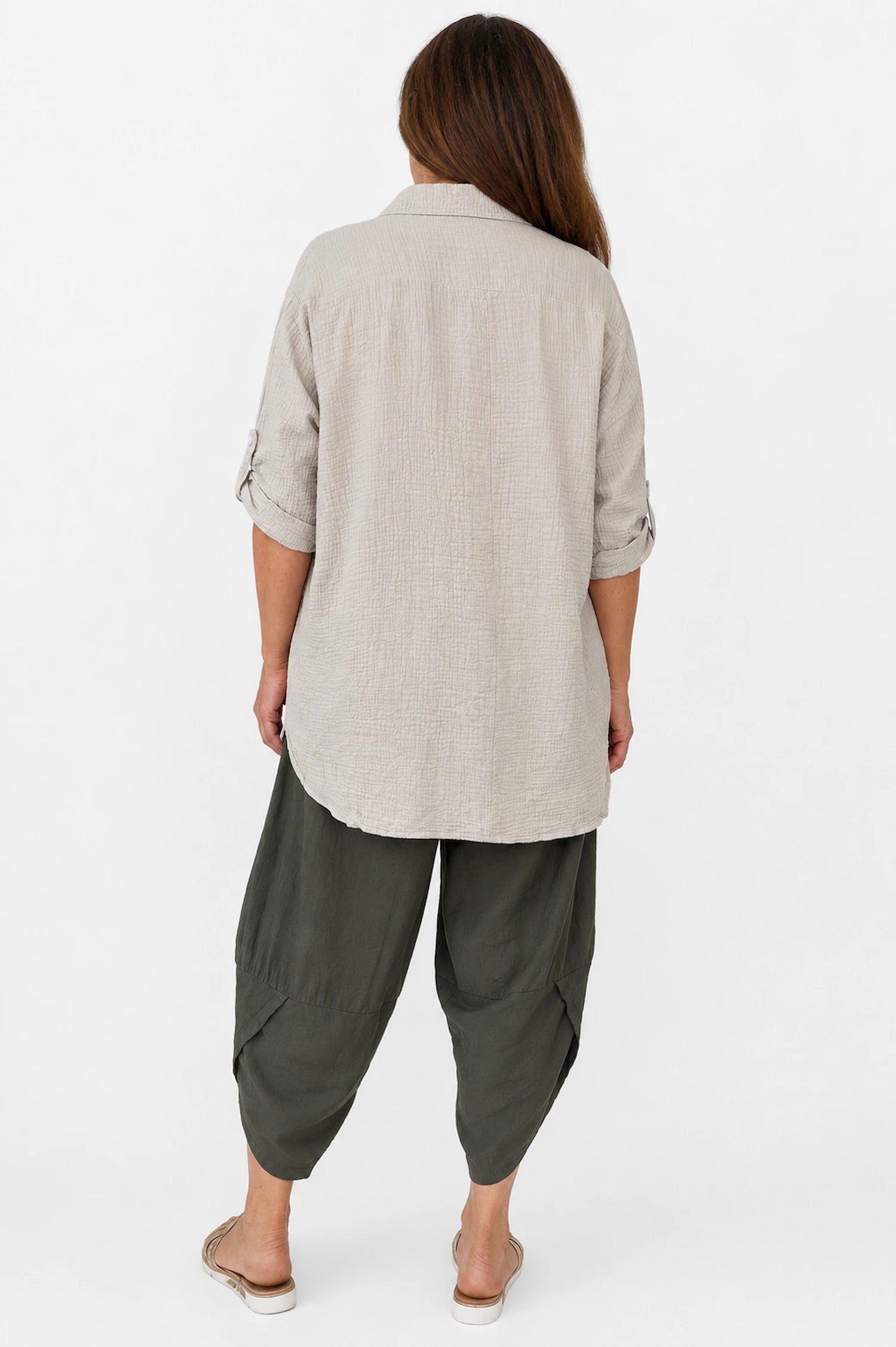 Pure Bubble Cotton Embroidery Anglaise Daphne Button Sleeve Shirt - Beige