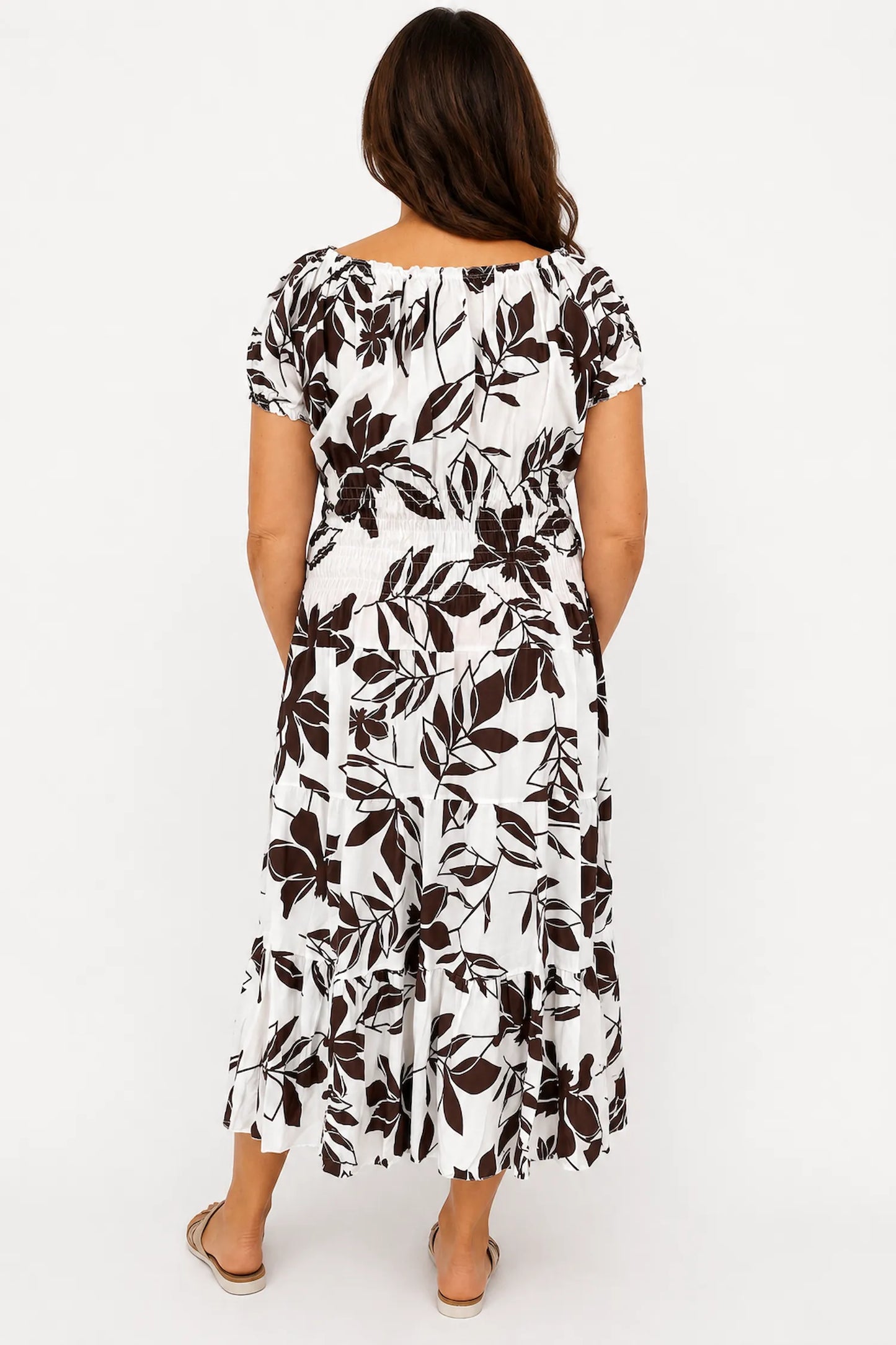 Cotton Button Detail Elasticated Waist Panel Floral Dasia Dress - Chocolate