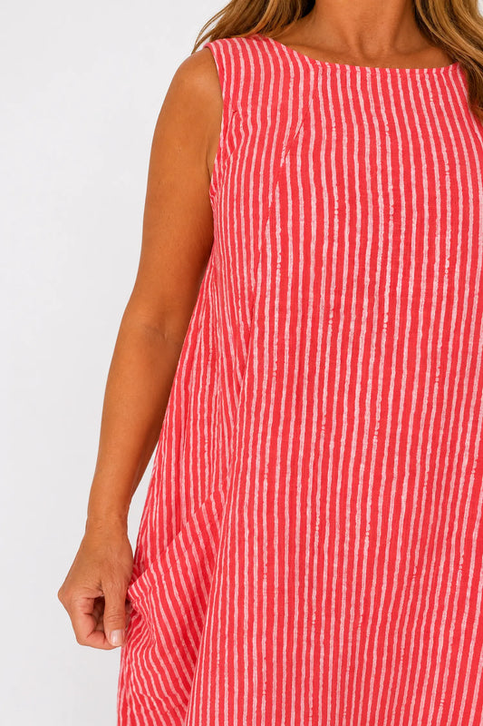 Cotton Double Pocket Pinstripe Elizabeth Dress - Coral