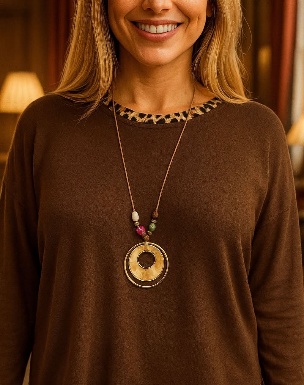 Soft Knit Leopard Trim Keri Necklace Top - Chocolate