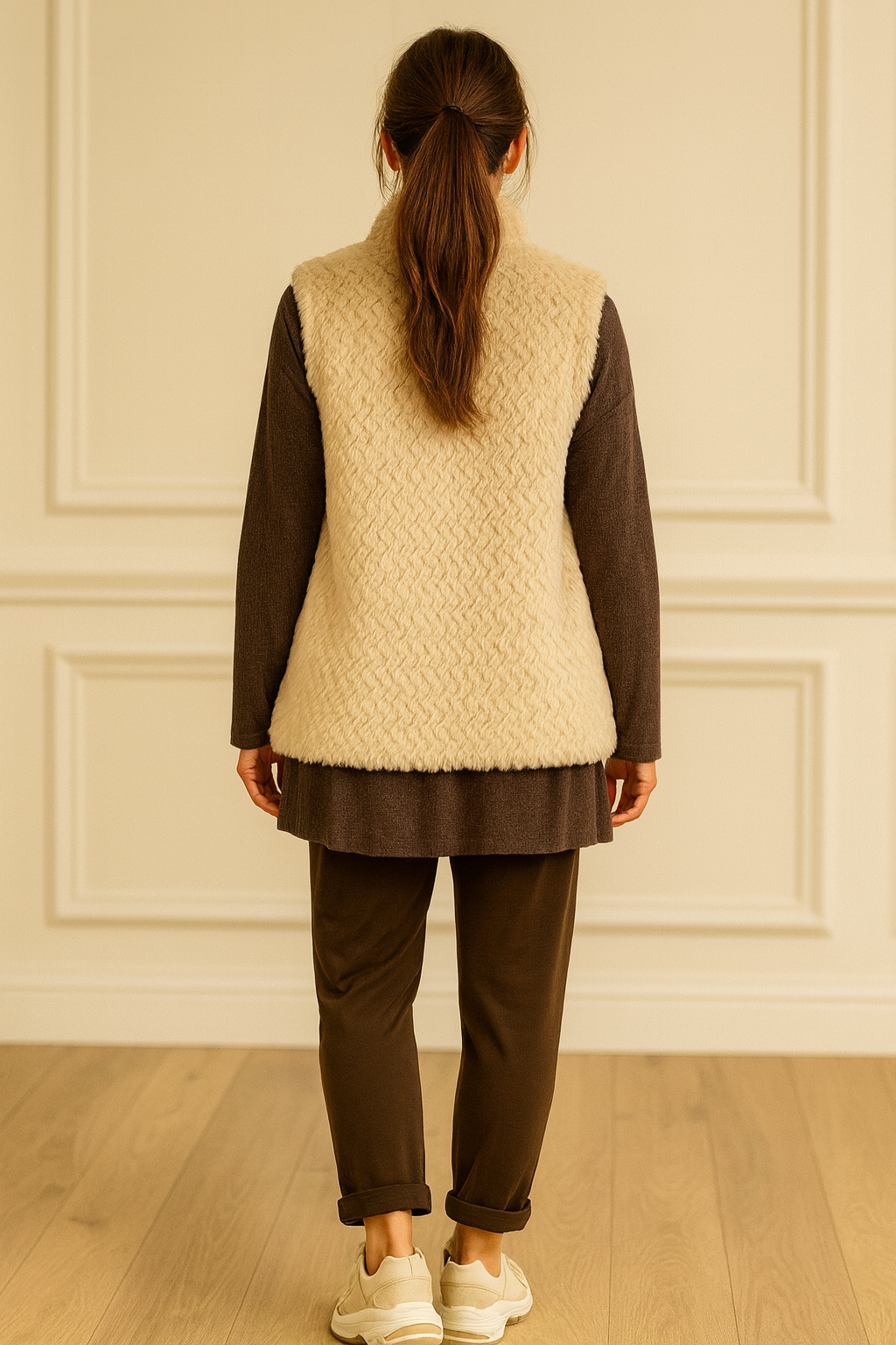 Faux Fur Double Pocket Paris Gillet - Beige