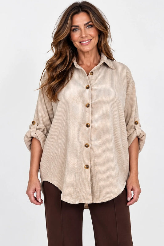 Button Sleeve Sicily Cord Button Shirt - Beige