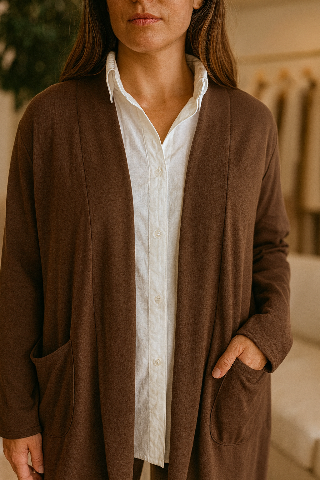 Soft Knit Double Pocket Sasia Cardigan - Chocolate