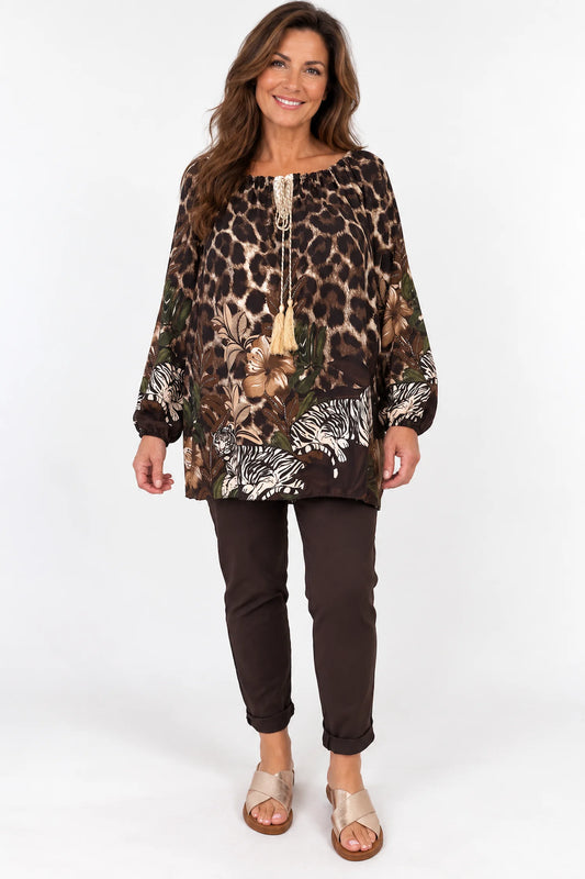 Gold Tie Detail Verity Leopard Top - Chocolate
