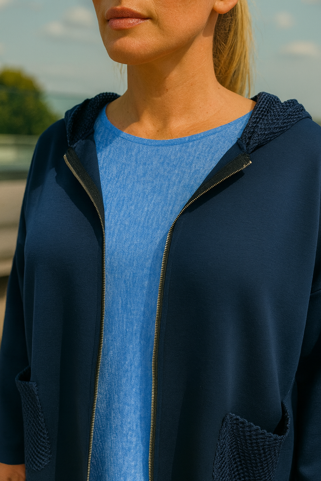 Light Weight Mesh Detail Pocketed Zip Milan Jacket - Navy