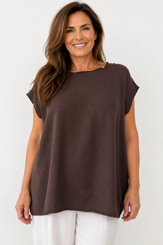 Sara Lightweight Flow Cap Sleeve Top - Chocolate