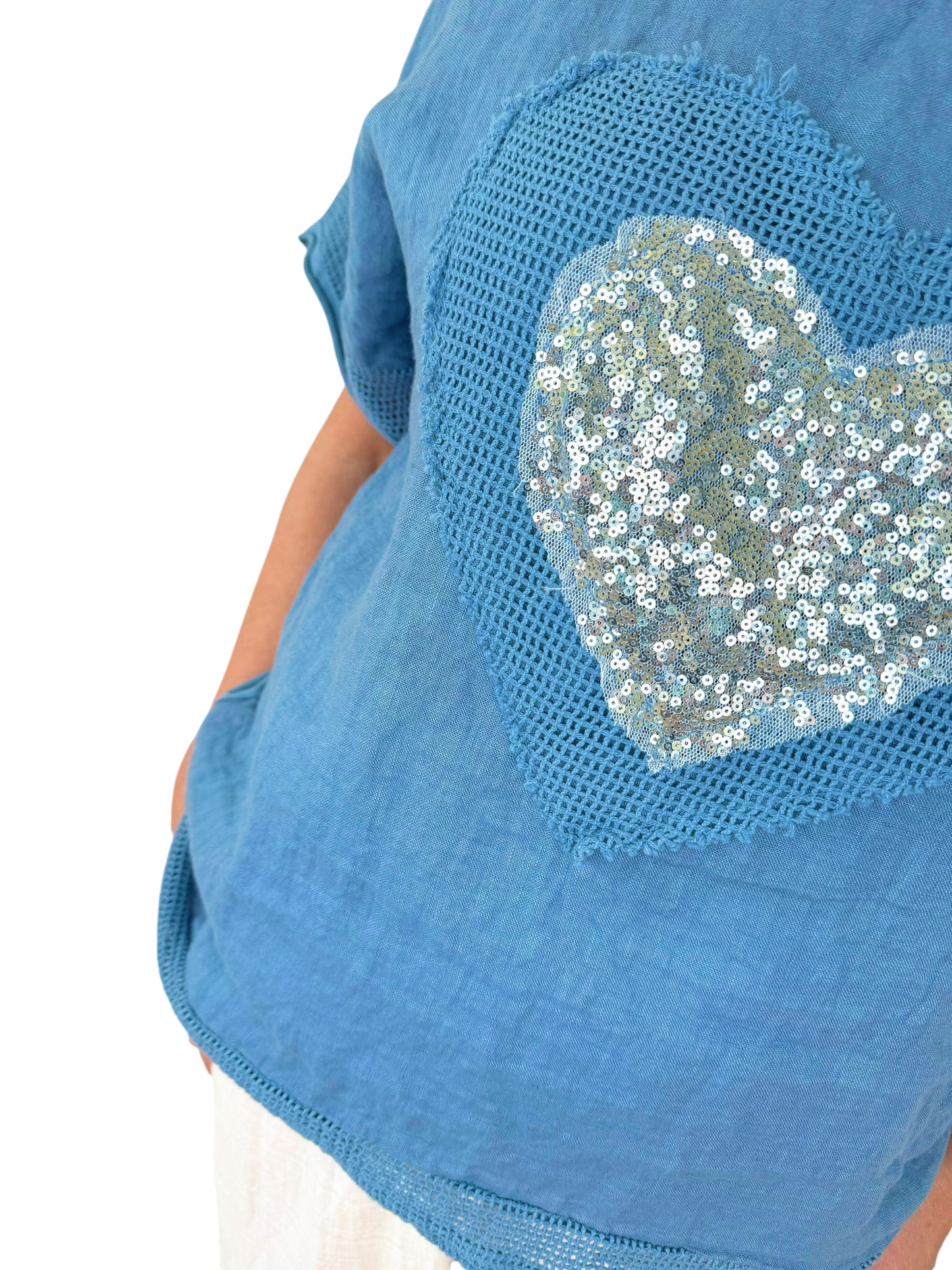Linen Cotton Mix Sequin Heart Crochet Detail Daphne Top - Denim