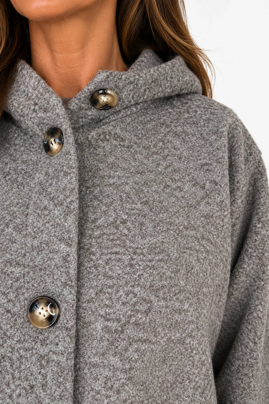 Double Zip Patch Pocket Marble Button Effect Bella Italia Hooded Coat - Mocha