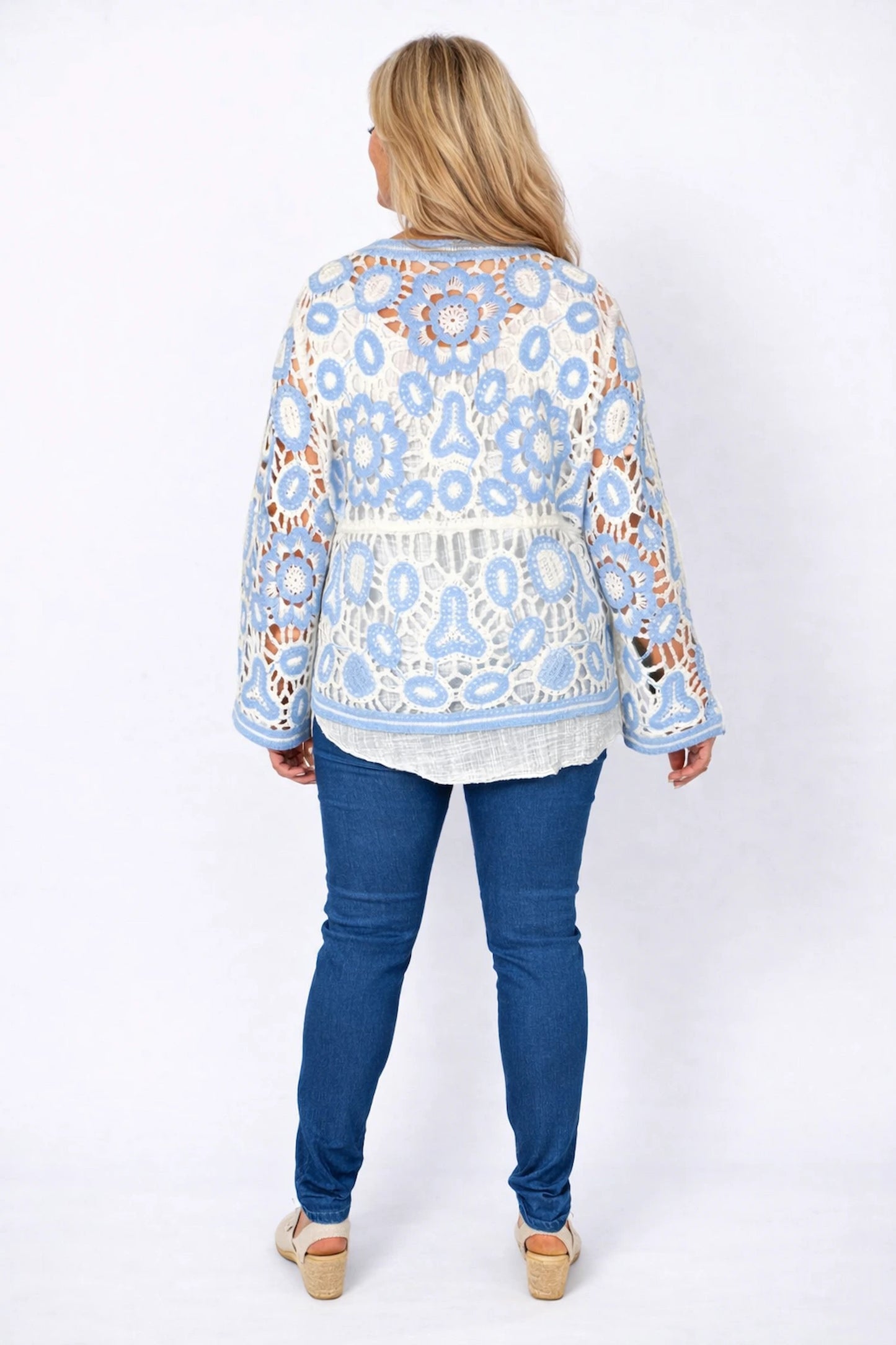 Cotton Angela Crochet Button Cardigan - Baby Blue