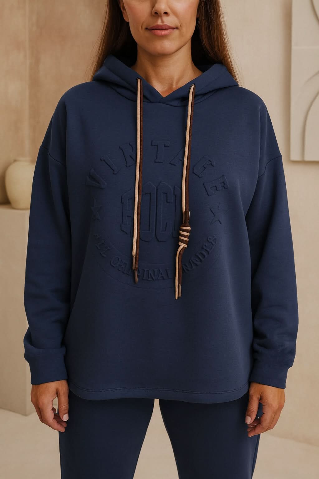 Vintage Embossed Double Drawstring Lightweight Hoodie - Navy