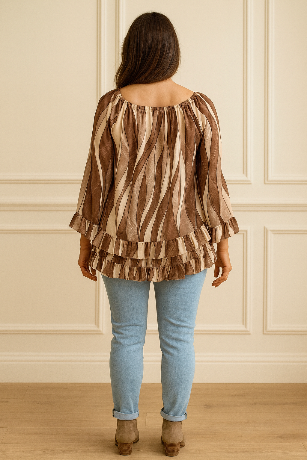 Fully Lined Frill Detail Florence Chiffon Top - Mocha/Beige/Chocolate