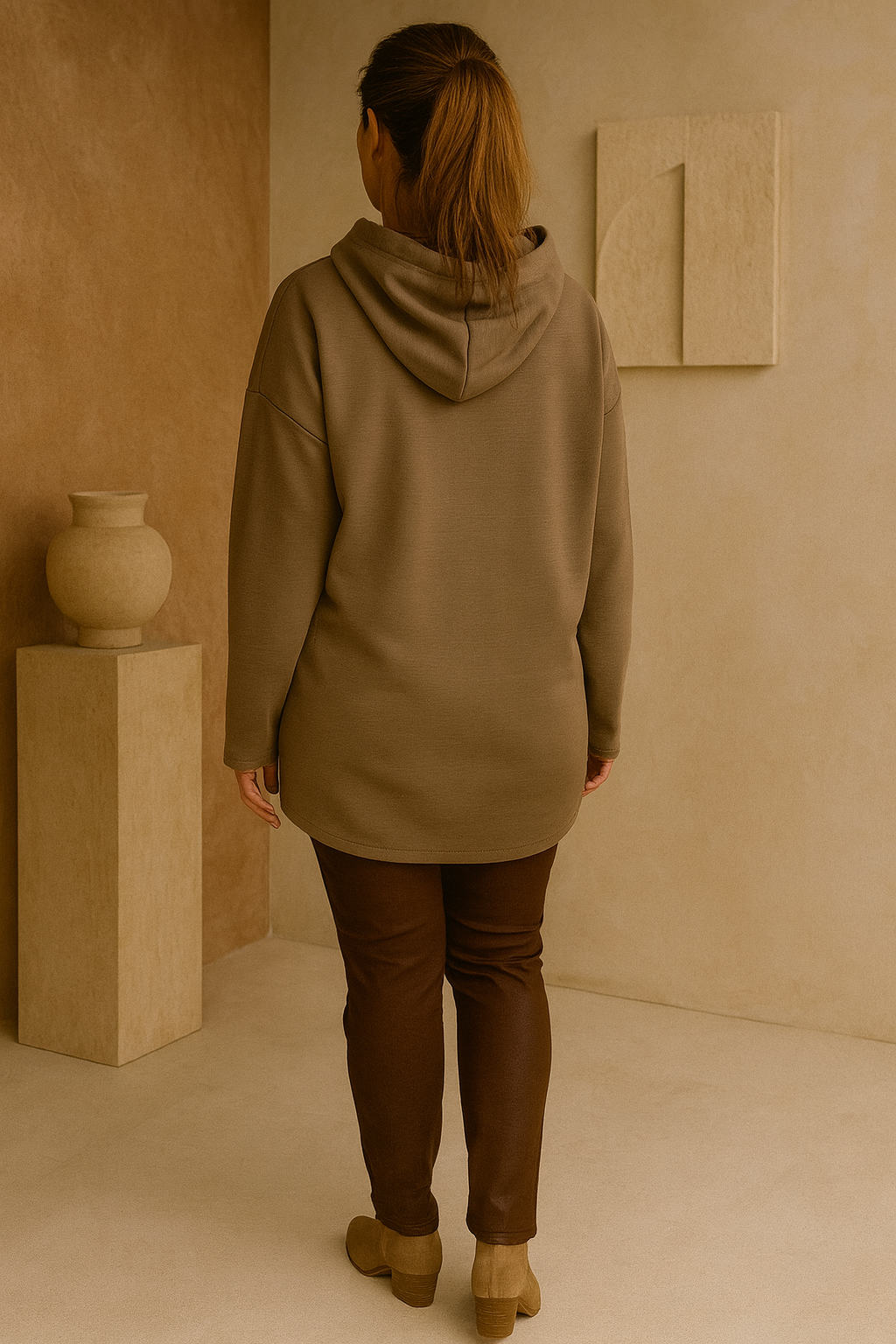 Vintage Embossed Double Drawstring Lightweight Hoodie - Mocha