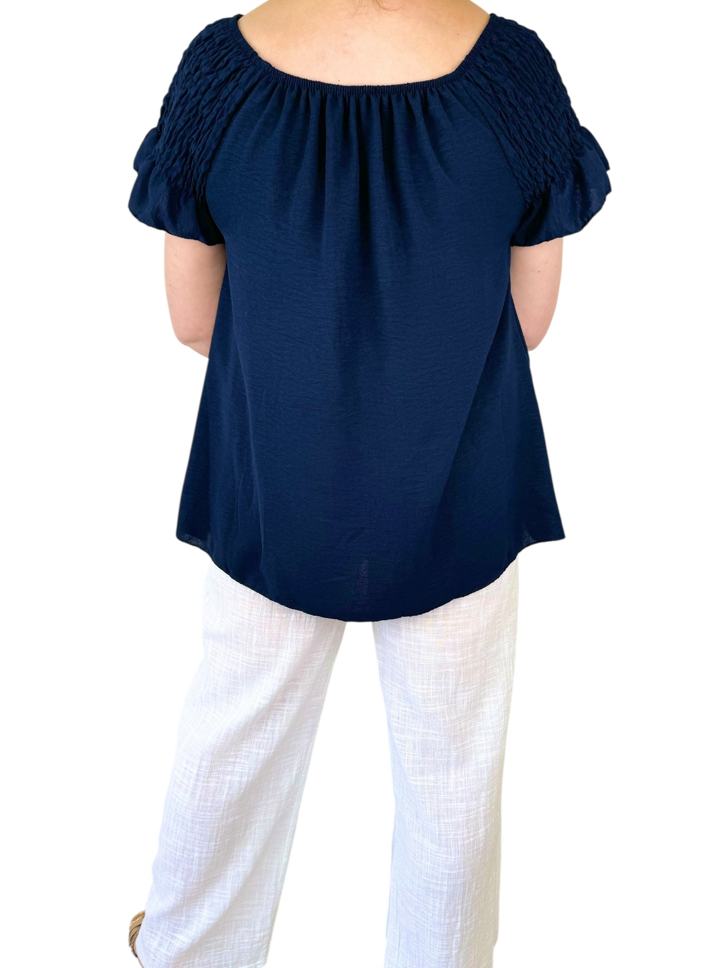 Shirred Shoulder Frill Sleeve Angelica Necklace Top - Navy