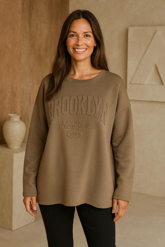 Brooklyn Embossed Light Weight Sweatshirt - Mocha