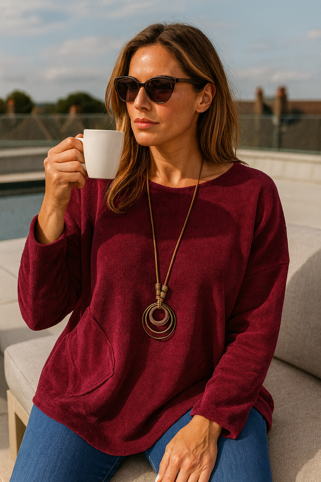 Chenille Paris Pocket Detail Necklace Top - Red Wine