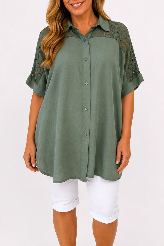 Lace Crochet Shoulder Alexandra Button Shirt - Khaki