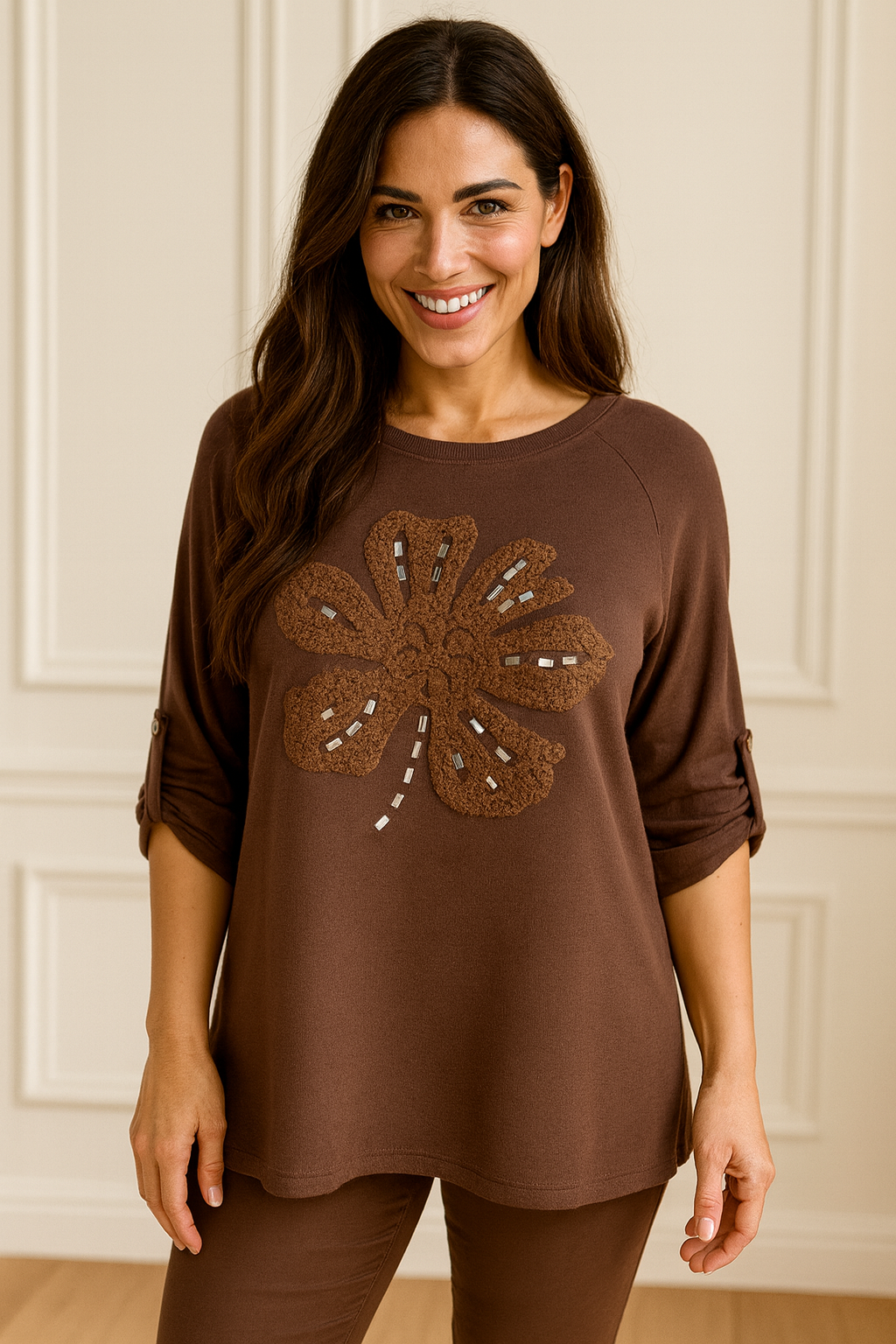 Luxury Knit Button Sleeve Kari Sparkle Clover Top - Chocolate