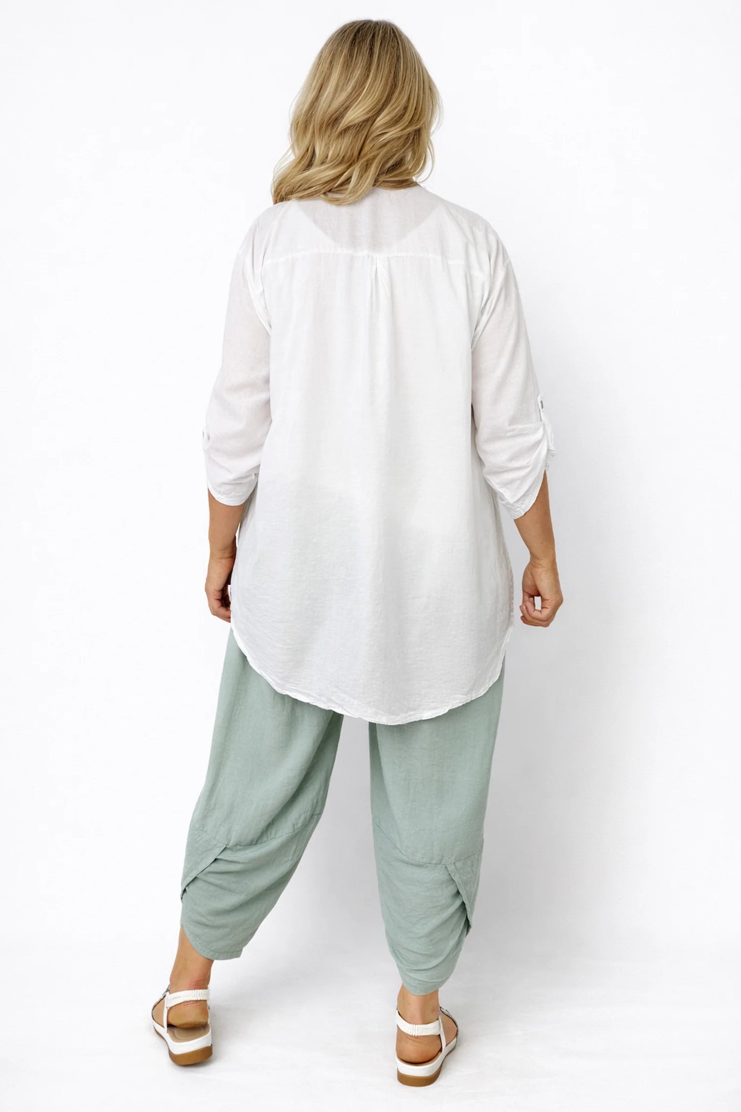 Cotton Embroidery Anglaise Button Sleeve Ginevra Button Shirt - White