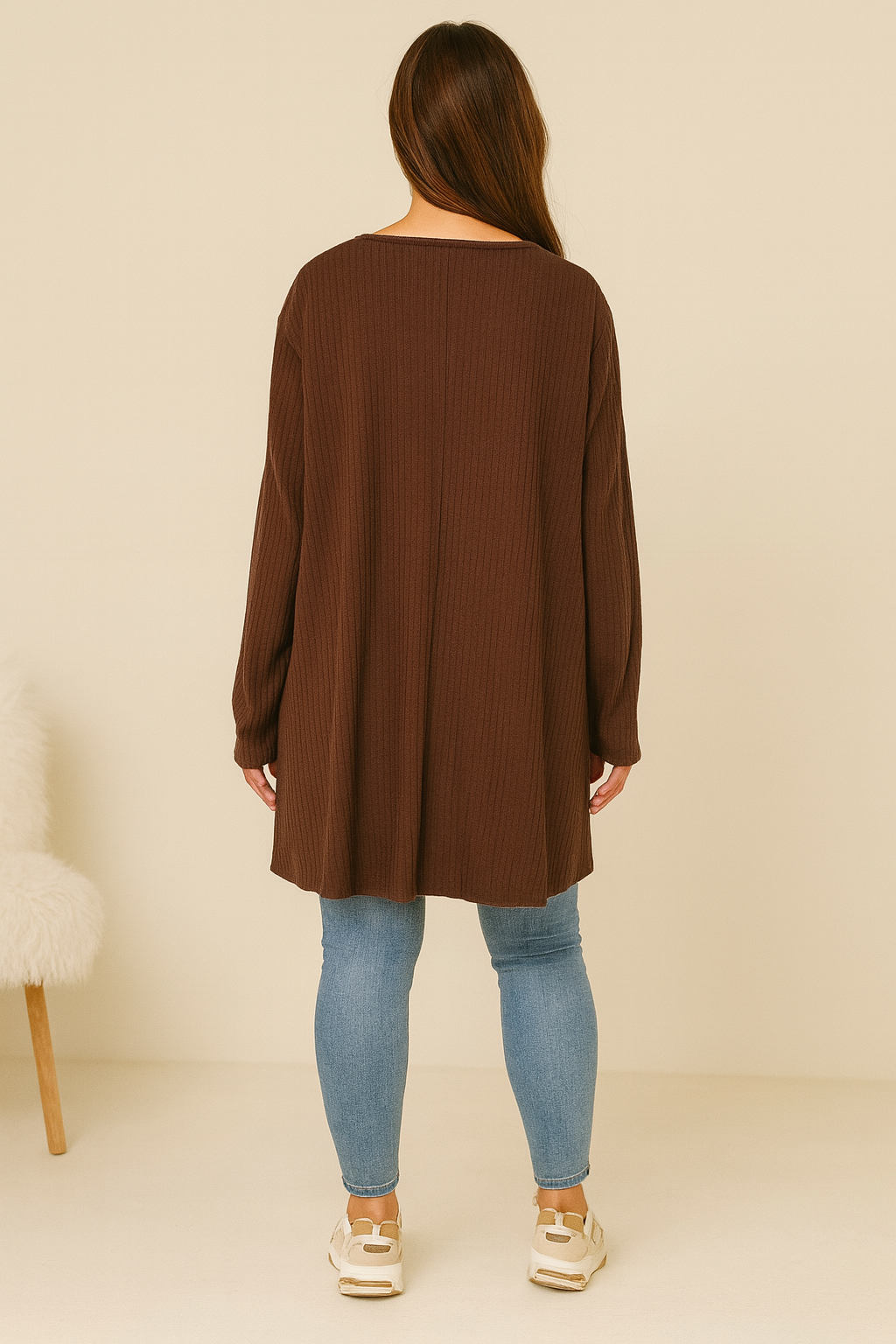 Ribbed Knit Italia Necklace Fine Knit Top - Chocolate