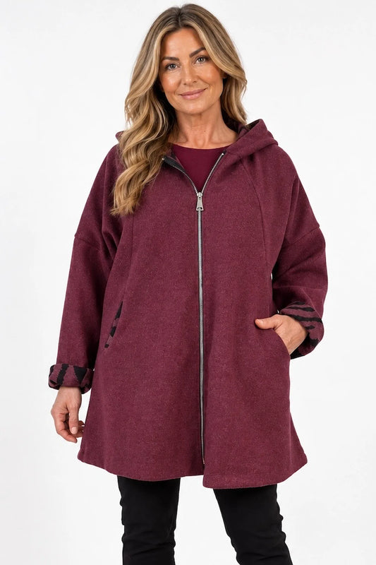 Double Pocket Zipped Contrast Animal Print Lined Valentina Brushed Hooded Coat - Italia Wine