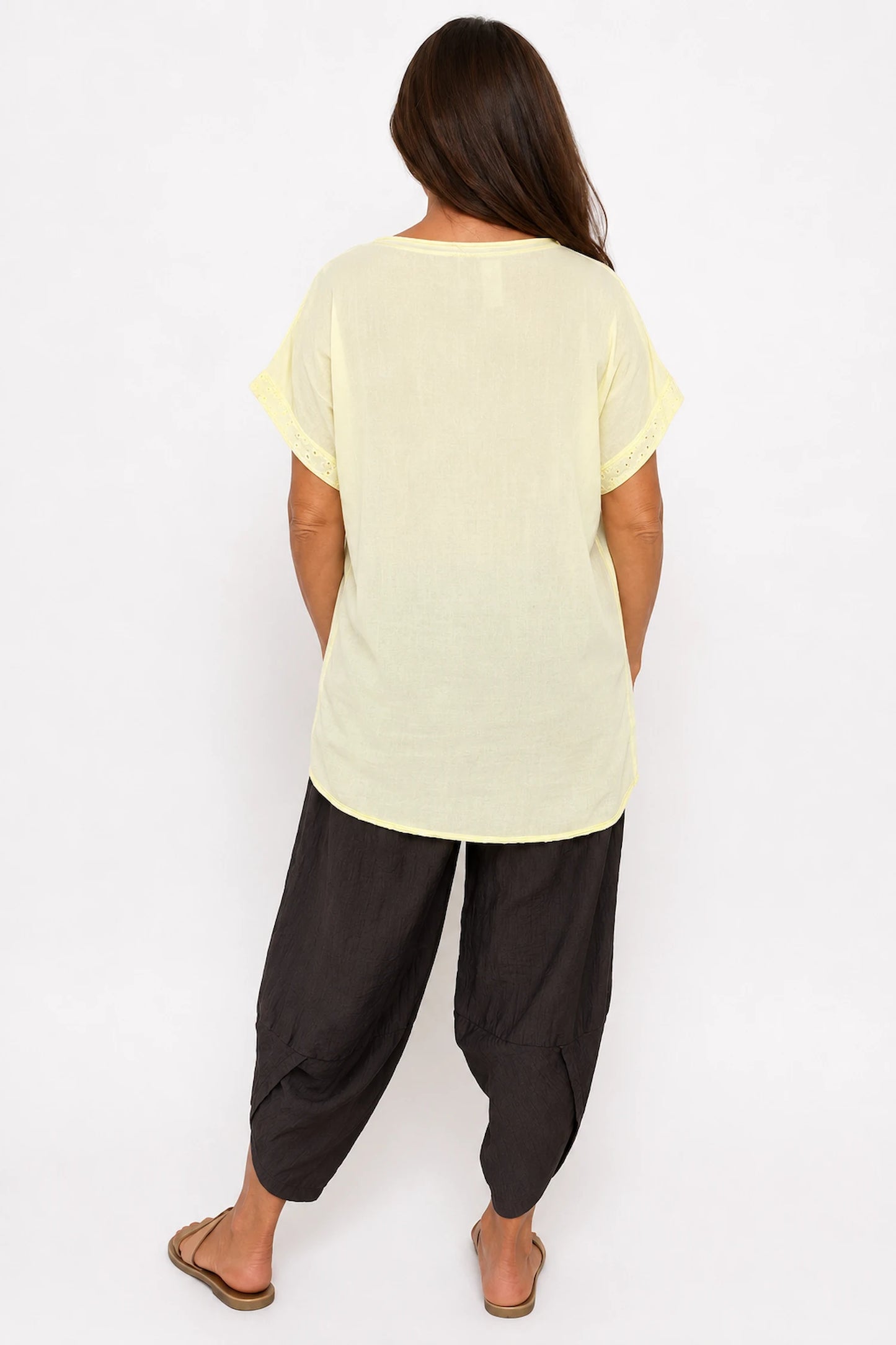 Pure Cotton Floral Embroidery Anglaise Clarissa Top - Lemon